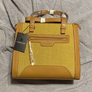 London Fog Mia Mustard and Tan Textured Woven Satchel